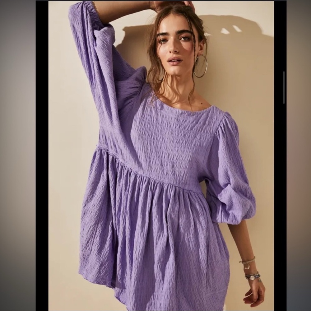 Boho Free People Beach Get Obsessed Babydoll Mini Dress - Purple